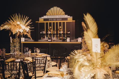 Great Gatsby Holiday Party, Speakeasy Event Decor, 1920s Set Design, Black And Gold Corporate Event, Great Gatsby Set Design, Gatsby Corporate Event, Great Gatsby Corporate Event, Networking Party, Great Gatsby Auction