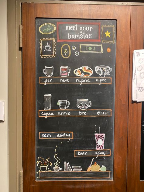 artist: breanna riley. each barista was asked the question: if you were a coffee cup, what cup would you be? Meet Your Barista Board, Barista Ideas, Starbucks Chalkboard, Cafe Chalkboard, Culture Cafe, Coffee Chalkboard, Starbucks Ideas, Coffee Display, Coffee Shop Signs