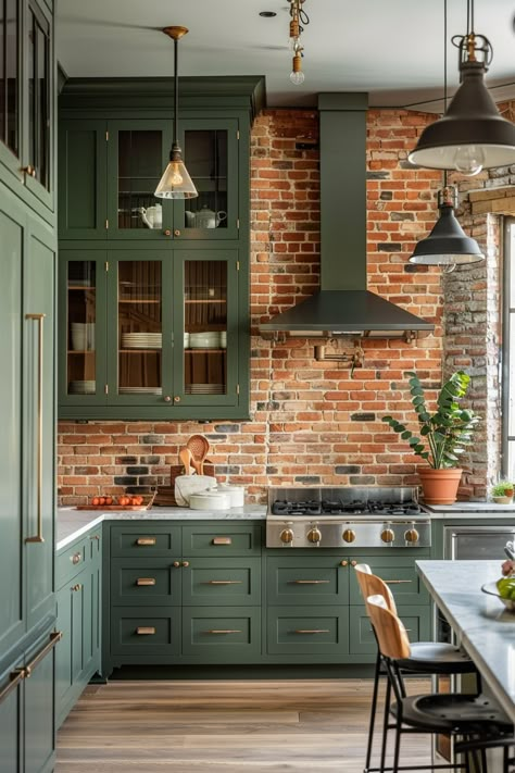 Brick And Green Kitchen, Sage Green Kitchen Flooring Ideas, Small Kitchen Sage Cabinets, Sage Cabinets, Kitchen Cabinet Sage Green, Sage Green Kitchen Cabinets With Brick Backsplash, Blue And Green Kitchen, Kitchen Green Cabinets, Kitchen With Green Cabinets