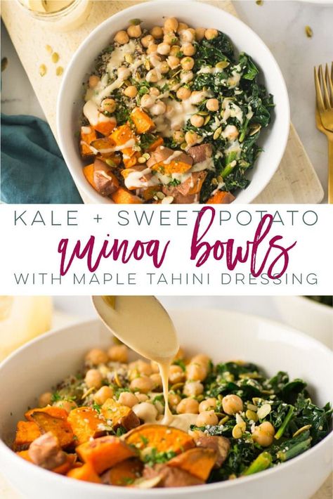 Crispy Sweet Potatoes, Maple Tahini Dressing, Fluffy Quinoa, Sweet Potato Quinoa, Quinoa Kale, Sweet Potato Bowls, Quinoa Sweet Potato, Quinoa Bowls, Healthy Bowls Recipes