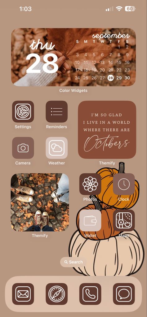 Autumnal Phone Background, Iphone Fall Home Screen, Fall Home Screen Widgets, Fall Phone Setup, Fall Theme Home Screen, Fall Phone Ideas, Autumn Ios Homescreen, Ios Fall Aesthetic, Fall Wallpaper Home Screen