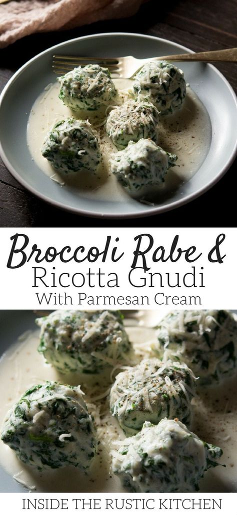 Delicious and easy ricotta gnudi made with broccoli rabe and served with an incredible parmesan cream sauce. These gnudi are elegant and comforting, perfect for weekends, special occasions or date night. More Italian recipes at Inside The Rustic Kitchen #Italianrecipes #easyrecipes #dinnerrecipes via @InsideTRK Ricotta Gnudi, Milan Style, Keto Pasta, Broccoli Dishes, Parmesan Cream Sauce, Broccoli Rabe, Gnocchi Recipes, Cheesy Sauce, Easy Italian