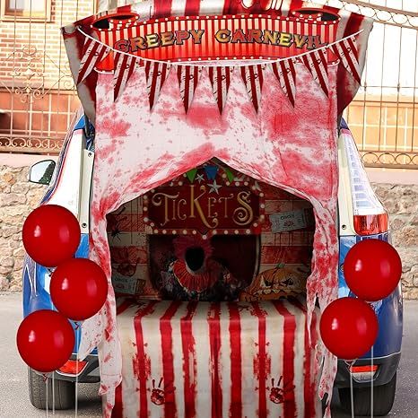 Preboun 9 Pcs Halloween Trunk or Treat Car Decorations Clown Backdrop Zombie Tablecover Tablecloth 5 Balloons Striped Pennant Banner Bloody Splatter Doorway Curtain Creepy Carnival Props for Garage Clown Trunk Or Treat Ideas For Cars, Creepy Carnival Trunk Or Treat, Clown Trunk Or Treat Ideas, Clown Trunk Or Treat, Carnival Trunk Or Treat, Clowns Halloween Decorations, Carnival Props, Halloween Trunk Or Treat, Creepy Circus