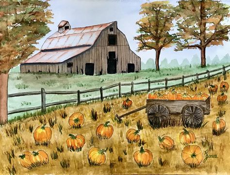 The Pumpkin Patch Farm at Harvest Time Watercolor Painting The Pumpkin Patch Farm at Harvest Time Watercolor Painting is a 11x15 watercolor line and wash painting. #autumn #Barn #fall #Farm #fence #Harvest #original #painting #pumpkinpatch #pumpkins #trees #wagon #watercolor https://www.maker-mall.com/the-pumpkin-patch-farm-at-harvest-time/ Pumpkin Patch Farm, Line And Wash, Fall Farm, Wash Painting, Pumpkin Farm, Farm Fence, Harvest Time, Pumpkin Patch, Watercolor Painting