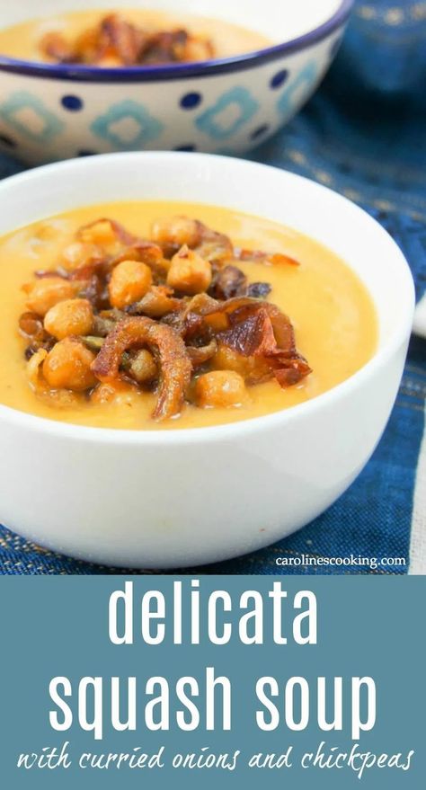 This delicata squash soup is super easy to make and tastes delicious, especially with the curried chickpea & onion topping. They make it seem that bit fancy when it's really so easy! Perfect for lunch on a cold day. Vegetarian, vegan and gluten free. #delicatasquash #squashsoup #vegan #vegetarian Delicata Squash Soup, Curried Chickpeas, Soup Night, Delicata Squash Recipe, Chicory Recipe, Fall Vegan Recipes, Quick Vegetarian Meals, Delicata Squash, Squash Recipe