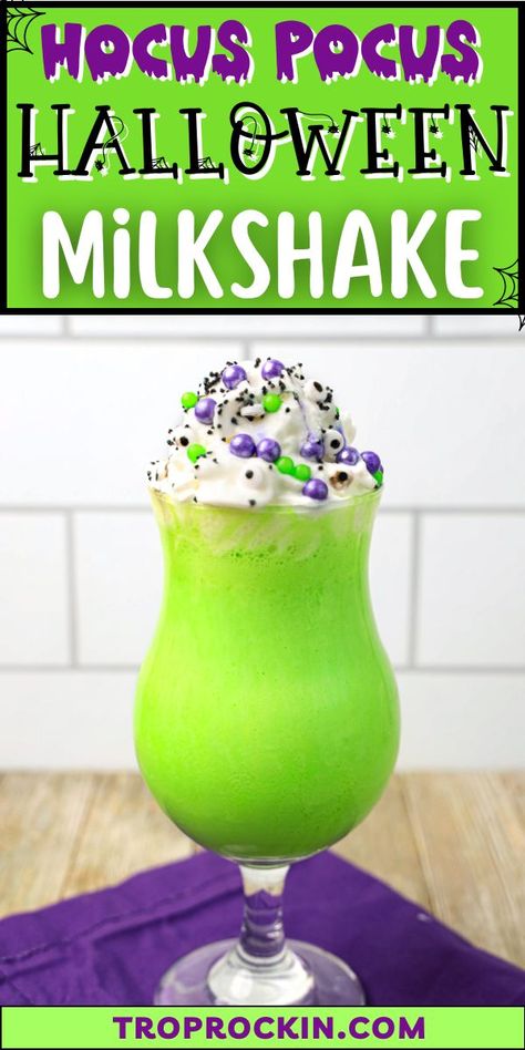 Halloween Fun Recipes, Sprite Halloween Drink, Hocus Pocus Halloween Milkshake, Hocus Pocus Shake, Christmas Drinks Kid Friendly, Halloween Slushy Drinks, Beetlejuice Drinks For Kids, Hocus Pocus Milkshake, Halloween Milkshakes For Kids