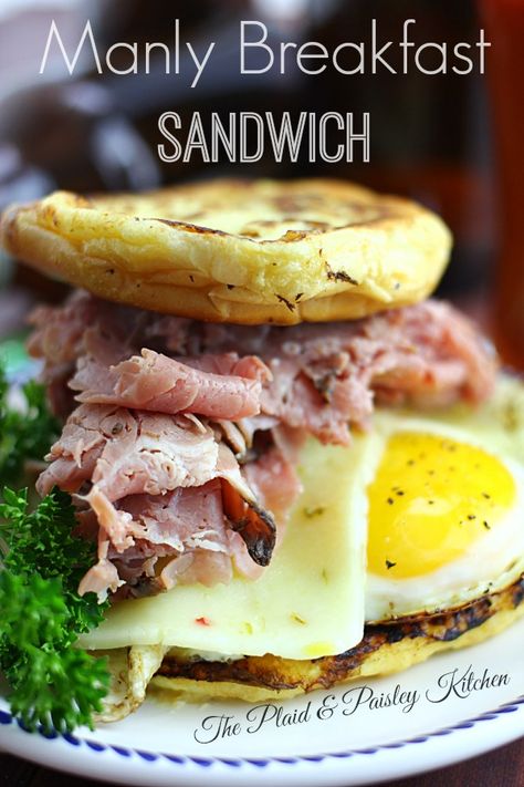 Manly Breakfast Sandwhich Roast Beef Breakfast Sandwich, Manly Meals, Hangover Breakfast, Pepperjack Cheese, Breakfast Sandwich Recipes, Big Appetite, Breakfast Sandwiches, Man Food, Sandwich Recipe