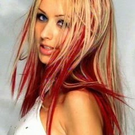 Blonde Hair Red Streaks, Christina Aguilera Hair, Red And Blonde Hair, Pinwheel Hair Color, Red And Blonde, Hair Stripping, Red Hair With Highlights, Red Blonde Hair, Red To Blonde