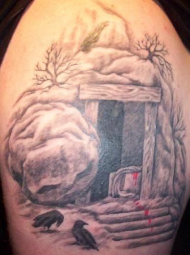 Tomb Tattoo Design, Empty Tomb Tattoo, Tomb Tattoo, Christian Tats, Religious Tattoo Sleeves, Tattoos Christian, Jesus Tomb, Father Daughter Tattoos, Scene Tattoo