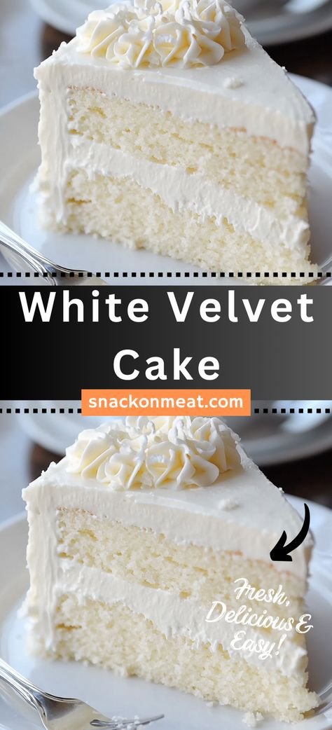 White Velvet Cake - Snack On Meat Fluffy Vanilla Cake Recipe, White Layer Cake, White Velvet Cake, Cake And Coffee, White Velvet Cakes, Velvet Cakes, Fluffy Frosting, Velvet Cake Recipes, Buttermilk Recipes