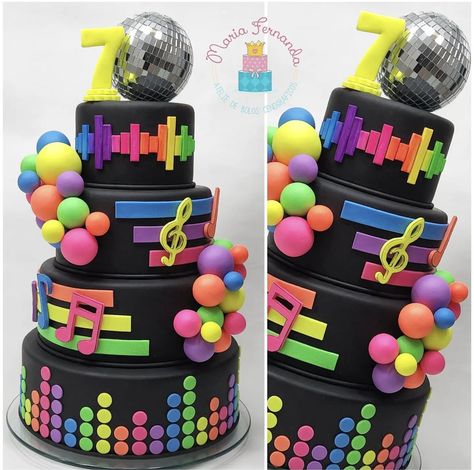 80s Theme Cake Birthdays, Dance Party Birthday Cake, Dance Party Cake Ideas, Neon Party Cake Ideas, Retro Cake 80's, Disco Party Cake Ideas, Tortas Neon Party, 80s Party Cake, Dance Party Cake