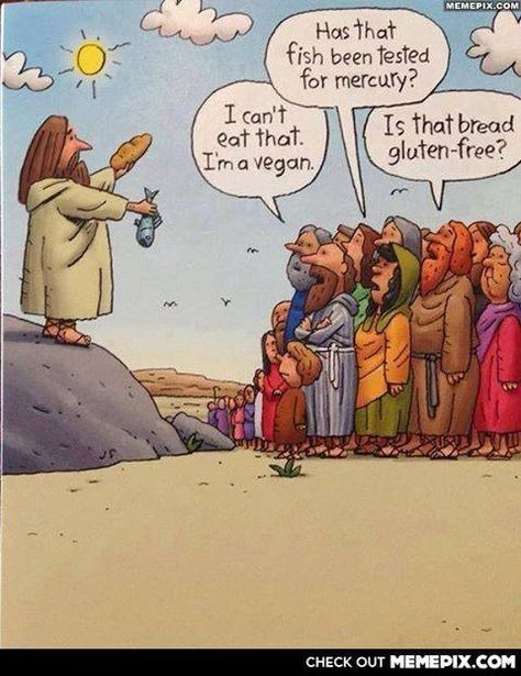 Modern feeding 5000 Thanks Jesus, Jw Humor, Catholic Humor, Church Humor, Religious Humor, Funny P, Bible Humor, Free Cartoons, Christian Humor