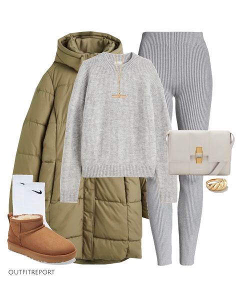 Khaki Leggings Outfit Winter, Grey Ribbed Leggings Outfit, 60 Degrees Weather Outfit Spring, Grey Sweater Outfit Fall, Grey And Khaki Outfit, Khaki Puffer Jacket Outfit, Grey And Green Outfit, Stroll Outfit, Green Leggings Outfit