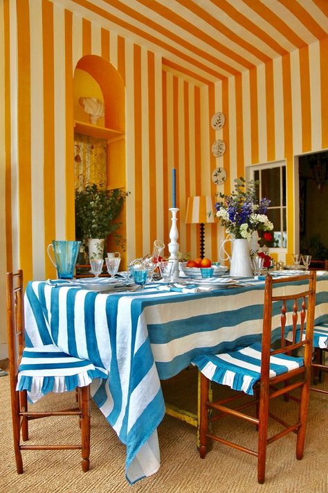 Essentials Clothes, Current Design Trends, Yellow Sky, Table Cloths, Striped Wallpaper, Home Trends, Striped Rug, Lemon Yellow, Linen Tablecloth