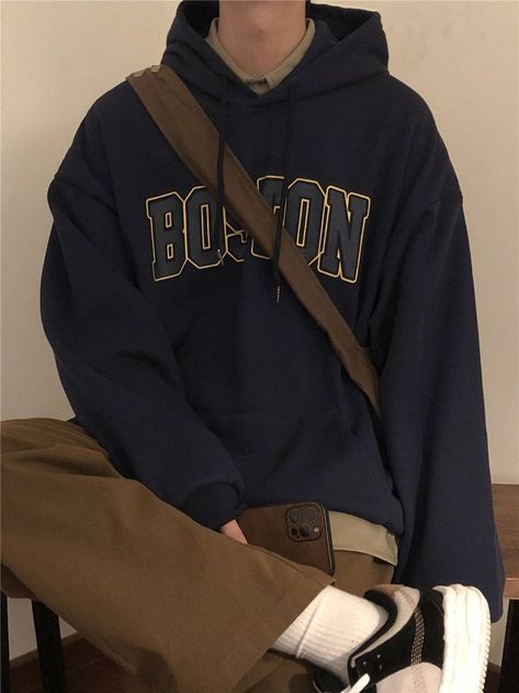 Blue Hoodie Outfit, Letter Hoodie, Guys Clothing Styles, Everyday Luxury, Mens Outfit Inspiration, Cool Outfits For Men, Hoodie Outfit, Men Fashion Casual Outfits, Streetwear Men Outfits