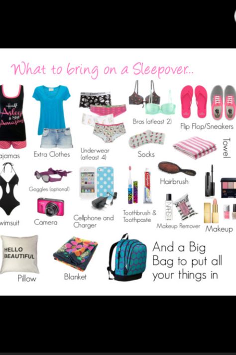 Who brings 2 bras and 4 pairs of underwear to a sleepover. And goggles. "Hello beautiful" pillow. I can't Sleepover Packing List, Pidżama Party, Sleepover Fun, Selamat Hari Valentine, Sleepover Essentials, Sleepover Tips, Teen Sleepover, 16 Gifts, Pyjamas Party