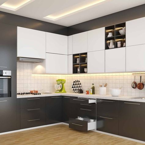 Types of kitchen: l shaped kitchen layout with grey and white cabinets and drawers on the bottom in l shaped modular kitchen photos L Shaped Kitchen Interior, Modern L Shaped Kitchens, L Shape Kitchen Design, L Shape Kitchen Layout, Kitchen Cabinet Dimensions, L Shaped Modular Kitchen, Kitchen Unit Designs, Modular Kitchen Interior, Types Of Kitchen