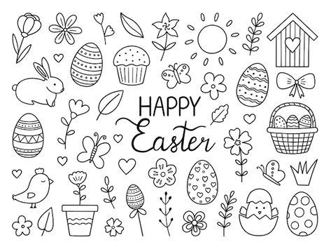 Vector happy easter doodle set easter bu... | Premium Vector #Freepik #vector #bunny #easter #rabbit-illustration #easter-bunny Easter Clipart Black And White, Easter Doodles, Bunny Doodle, Calendar Doodles, Easter Symbols, Floral Doodles, Note Ideas, Story Stones, Rabbit Illustration