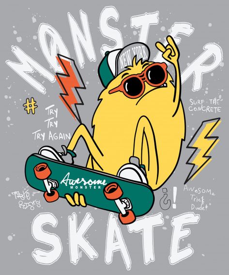 Skater Poster, Skate Art, Cool Monsters, Shirt Print Design, Shirt Printing, T Shirt Printing, Free Vector Graphics, Wall Art Sign, Kids Prints