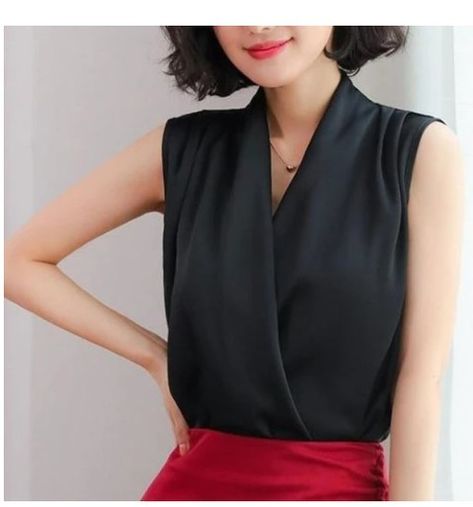 Elevate your summer wardrobe with this Korean-inspired V-neck satin sleeveless chiffon blouse! Perfect for any occasion, this breathable and comfortable blouse comes in red, black, and white colors. Available in sizes S-2XL, it's made of high-quality polyester material that's perfect for summer. #SummerFashion #KoreanStyle #SatinBlouse #ChiffonBlouse #WomenFashion 😍👌 https://ebay.us/vzeORn Silk Blouse Short Sleeve, Silk Blouse Ideas, Silk Top Outfit Classy, Classic Blouses For Women, Silk Blouse Outfit, Silk Tops For Women, Silk Wrap Top, Sleeveless Chiffon Blouse, Comfortable Blouses