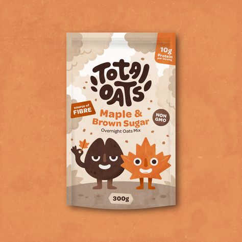 Total Oats overnight oats package design and logo design. Overnight oats are a simple, healthy grab-and-go breakfast that has gained rapid popularity among active millennial females who are seeking convenient, nutritious, and delicious snack options. This flavour is maple and brown sugar overnight oats mix. Oatly Packaging, Oat Illustrations, Oats Packaging Design, Sugar Packaging Design, Brown Sugar Overnight Oats, Healthy Snack Brands, Oats Overnight, Sugar Packaging, Packaging Snack