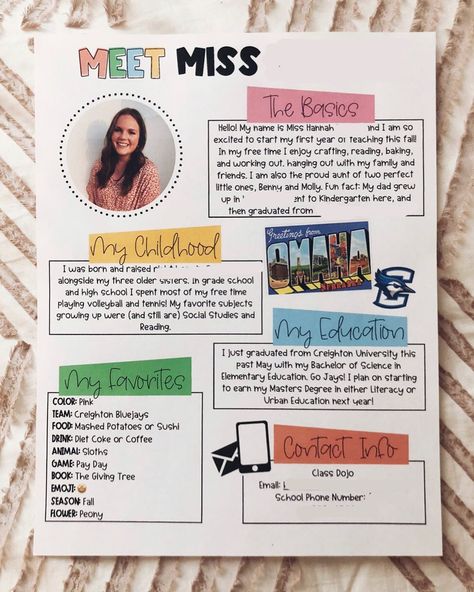 Hannah on Instagram: “Meet the teacher!!! ✨ Spent the afternoon making and formatting this little gem. It might seem a little early, but I swear July is about to…” Meet The Teacher Classroom Ideas, Meet The Art Teacher, Meet Your Teacher Ideas, Pre K Meet The Teacher Ideas, Meet The Teacher Middle School, Teacher Instagram Ideas, Meet The Teacher Preschool, Meet The Student Teacher, Student Newsletter