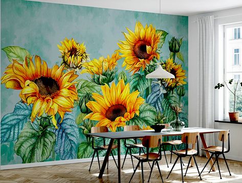 Sunflower Mural Wall Art, Sunflower Mural, Assisted Living Homes, Wood House Design, Ideas Cuadros, Floral Mural, Creative Wall Painting, Garden Mural, Fabric Collage