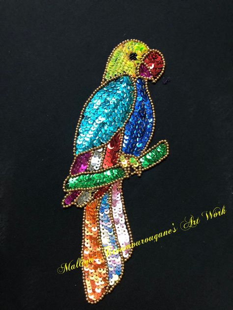 Parrot Aari Work Designs, Chamki Work Designs, Chamki Work Designs Aari, Aari Motif, Gold Work Embroidery, Hand Beaded Embroidery, Diy Embroidery Designs, Bead Embroidery Tutorial, Border Embroidery Designs