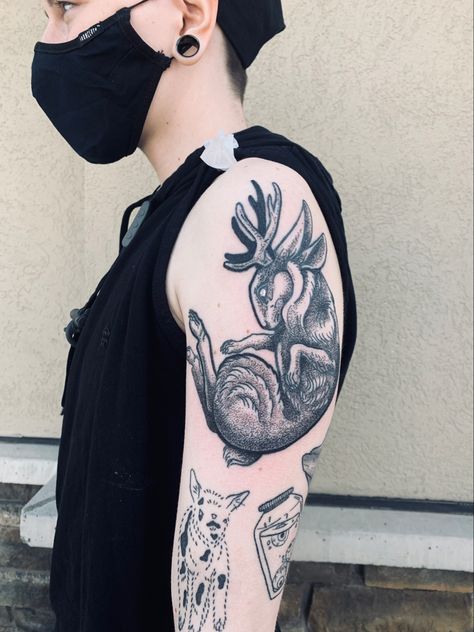 Simple Quote Tattoos, Botanical Sleeve, Jackalope Tattoo, Personal Tattoos, Pointillism Tattoo, Front Shoulder Tattoos, Bunny Tattoos, Dotwork Tattoo, Traditional Tattoo Sleeve