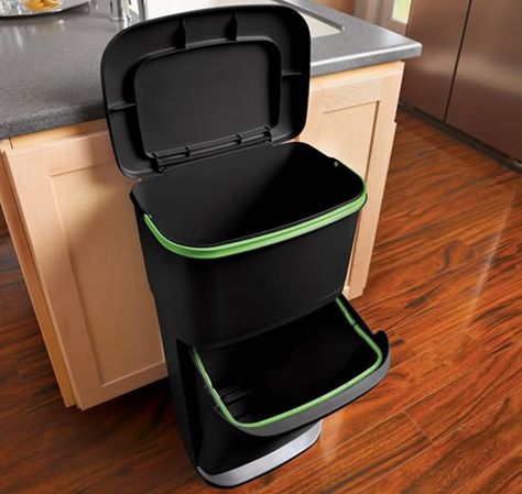 Rubbermaid 2 in 1 Recycler | You can use the Rubbermaid 2 in 1 Recycler one of two ways: Either as a recycling/trash combo platter or to sort out your recyclables. The bottom container tilts forward and fits an 8-gallon trash bag. Like the Hidden Recycler, it has a built-in handle for easy transport around small spaces. Washington House, Organizing Kitchen, Garbage Recycling, Trash Containers, Organized Kitchen, Recycling Containers, Kitchen Trash Cans, Ways To Recycle, Trash And Recycling Bin