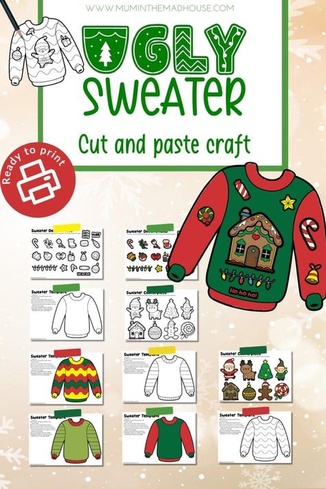 Get ready for holiday fun with this easy Ugly Sweater craft for kids! Download free printables, cut, decorate, and let your little ones create their own festive sweater.#UglySweaterCraft #HolidayCraftsForKids #FreePrintables #ChristmasCrafts #DIYForKids Ugly Sweater Craft, Crazy Christmas Sweaters, Diy Ugly Sweater, Ugly Sweater Day, Spirit Days, Sweater Diy, Ugly Sweater Diy, Boys And Girls Club, Holiday Crafts For Kids