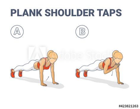 Plank Shoulder Taps Female Home Workout Exercise Guidance. Woman Doing Shoulder Touches from Plank. Stock Vector | Adobe Stock Shoulder Touches Workout, Shoulder Taps, Plank Shoulder Taps, Shoulder Impingement, Best Workout Routine, Healthy Wealthy, Daily Exercise Routines, Resistance Band Set, Plank Workout