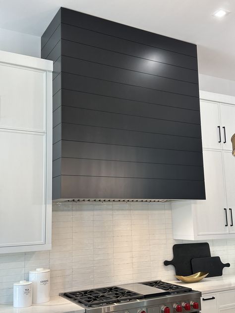 Black Shiplap Range Hood, Hood Fans Kitchen Ideas, Hood Fan Kitchen, Hood Fans, White Kitchen Hood, Kitchen Hood Vent, Black Shiplap, Hood Vent Cover, Hood Fan