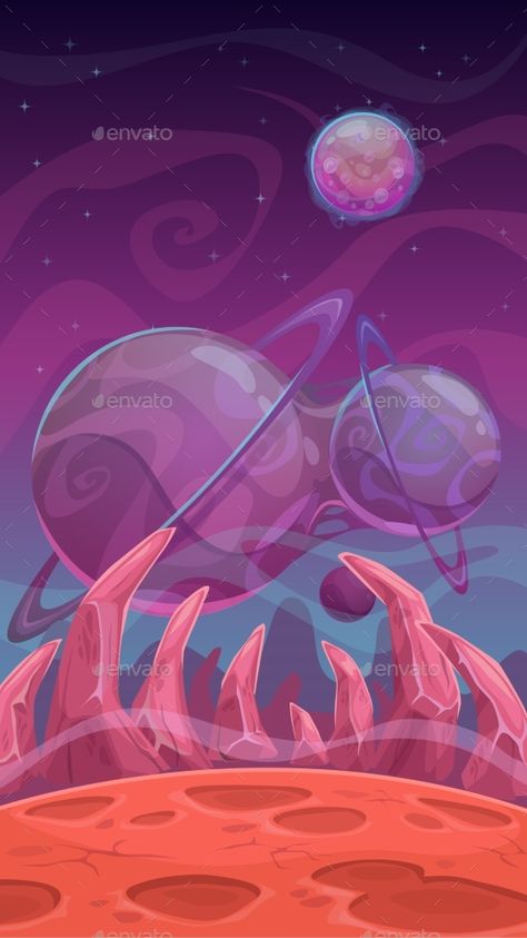 Cartoon Fantasy Space Landscape Trip Wallpaper, Planet Background, Fantasy Space, Space Landscape, Alien Landscape, Planet Drawing, Planets Art, Colorful Space, Background Drawing