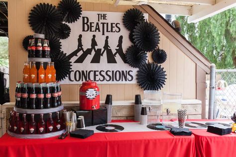 What a cool Beatles birthday party! See more party ideas at CatchMyParty.com! Beatles Party Decorations, Beatles Baby Shower, Beatles Themed Party, Beatles Birthday Party, Beatles Theme, Beatles Birthday, Beatles Party, 64th Birthday, 70th Birthday Parties