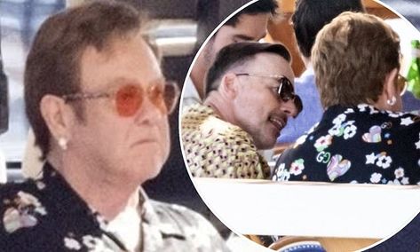 Orange Tinted Sunglasses, Elton John Husband, David Furnish, Black Floral Shirt, Tinted Sunglasses, Music Legends, Elton John, Round Sunglass Men, Floral Shirt