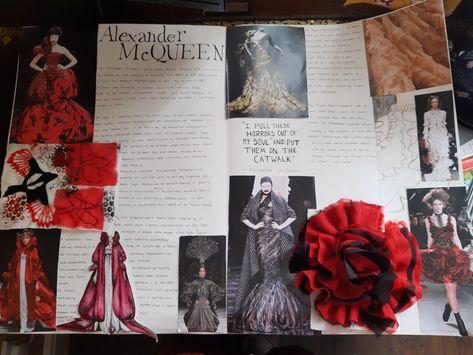 Research page on Alexander McQueen Alexander Mcqueen Textiles, Artist Research Page Gcse Fashion, Alexander Mcqueen Textiles Sketchbook, Alexander Mcqueen Research Page, Fashion Artist Research Page, Artist Research Page Fashion, Alexander Mcqueen Moodboard, Alexander Mcqueen Sketchbook, Fashion Design Research Pages