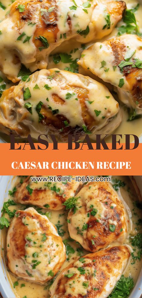 Delicious Easy Baked Caesar Chicken topped with creamy dressing and Parmesan cheese. This pin showcases two images of the juicy chicken dish, perfect for an easy family dinner. Chicken Breast Dinner Ideas Oven, Chicken Caesar Salad Casserole, Baked Caesar Chicken With Parmesan Sauce, Chicken Caesar Bake, Cesar Chicken Baked, Creamy Caesar Chicken, Cesar Chicken, Baked Caesar Chicken, Chicken Cesar