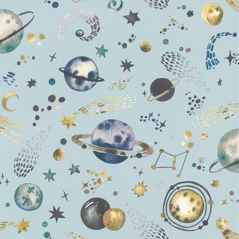 Star Texture, Magical Sky, Feature Wall Bedroom, Washable Wallpaper, Planets Wallpaper, Space Bedroom, Bedroom Wallpaper, Teal Wallpaper, Teal Background