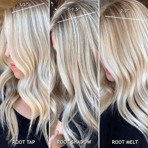 three side-by-side examples of blonde hair root shadows Shadow Root Melt, Root Tap, Cosmetology Career, Rooty Blonde, Hair Melt, Root Melt, Root Shadow, Blonde Hair With Roots, Balayage Haircolor