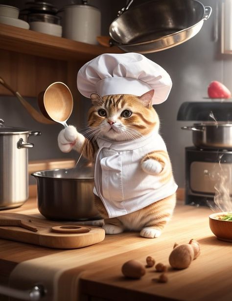 Cat Art #cat #kitty #kittycat #catlovers #art #wondersphere Ginger Cat Art, Chef Cats, Super Cute Kittens, Cute Monsters Drawings, Cute Little Kittens, Fancy Cats, Cute Cats Photos, Kittens Funny, Fluffy Cat