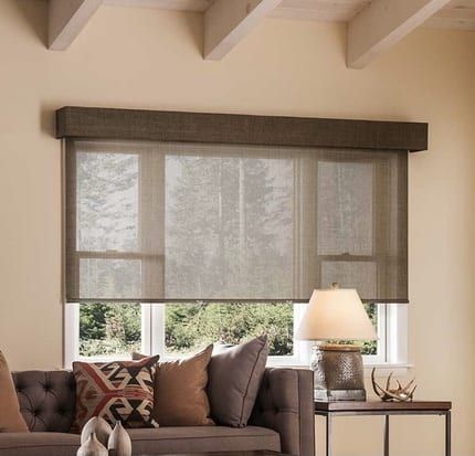 Outside Mounted Blinds With Curtains, Outside Mount Blinds Living Room, Cabin Window Blinds, Inside Mounted Blinds, Window Shades Outside Mount, Blinds For Wide Windows, Outside Mount Window Treatments, Blinds Mounted Outside Window Frame, Large Living Room Window Treatments