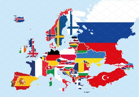 Flags Europe Map by asantosg on @creativemarket All World Flags, Flags Europe, Pastel Blue Background, Map Of Europe, Europe Continent, Countries And Flags, Asia Map, World Geography, Country Maps