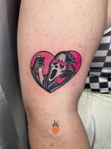 #ghostface #ghosttattoo #hearttattoo #spooky #spookytattoo #spookyseason Ghost Face Heart Tattoo, Girly Ghostface Tattoo, Ghostface Heart Tattoo, Cute Ghostface Tattoo, Scream Face Tattoo, Small Ghostface Tattoo, Dainty Tats, Ghost Face Tattoo, Pink Tattoo Ink