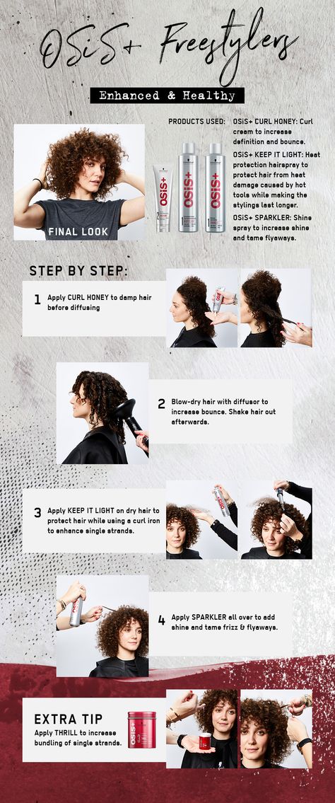 1. Apply #OSiS Curl Honey to damp hair before diffusing. 2. Blow-dry hair with a diffuser to increase bounce. Shake hair out afterwards. 3. Apply OSiS+ Keep It Light on dry hair to protect hair while using a curling iron. 4. Use a curling iron to enhance single strands. 5. Apply OSiS+ Sparkler all over to add shine and tame frizz and flyaways. Find out more about our OSiS+ products via our website! #madetocreate #OSiSfreestylers #hairstyling #curls #hairtutorials #schwarzkopfprofessional Using A Curling Iron, Shine Spray, Blow Dry Hair, Schwarzkopf Professional, Curl Cream, Heat Damage, Hot Tools, Curling Iron, Blow Dry