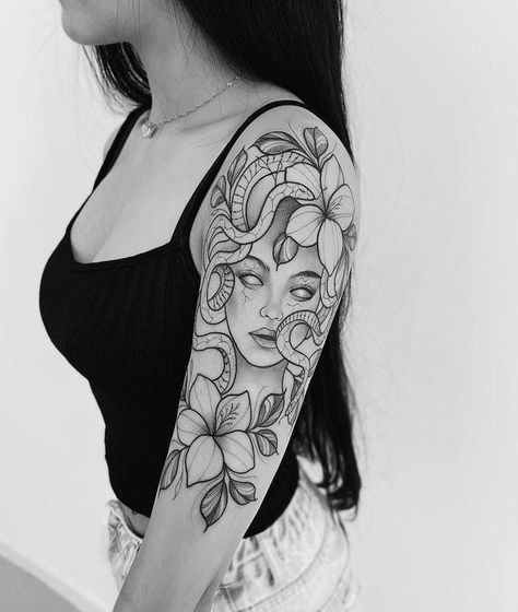 Simple Medusa Tattoo, Toxic Tattoo, Tattoo Ideas Female Sleeve, Front Shoulder Tattoos, Survivor Tattoo, Biblical Tattoos, Arm Sleeve Tattoos For Women, Medusa Tattoo Design, Female Sleeve