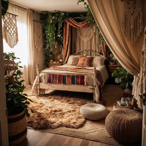 This bedroom feels like an escape into a bohemian paradise. The earthy tones, the soft fabrics, and the abundance of greenery create a calm, cozy vibe that makes you want to curl up and relax. I’m in love with the mix of textures, from the fluffy rug to the woven baskets and macramé accents — they add so much warmth and personality to the space. The draped canopy over the bed gives it such a dreamy, intimate feel, almost like you’re camping in your own cozy retreat. And the rustic bed frame... Boho Bed Canopy Bohemian Style, Boho Bed Canopy, Bohemian Bed, Rustic Bed, Rustic Bed Frame, Boho Bed, Over The Bed, Rustic Bedding, Bed Canopy