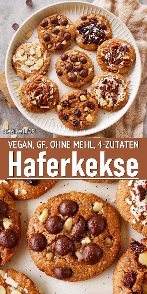 Vegane Haferkekse mit nur 4 Zutaten, ohne Mehl, ohne Ei und ohne raffinierten Zucker. Die Kekse sind einfach zubereitet, ölfrei, glutenfrei, gesund und in ca. 20 Minuten fertig. Sie können mit den verschiedensten Toppings versehen werden: Rosinen, Chocolate Chips, Cranberries, etc. #haferkekse #haferplätzchen #veganekekse #glutenfreiekekse #kekseohnemehl #gesundekekse #elasrecipes | elavegan.com/de Ella Vegan, Lactose Free Recipes, Cookies Vegan, Sweet Bakery, Mini Pies, Vegan Sweets, Vegan Cookies, Lactose Free, No Bake Cookies