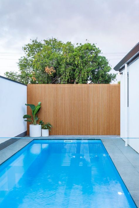 Timber Pool Fence, Colourbond Fence Screening Ideas, Timber Screens Outdoor, Colourbond Fences, Timber Screening, Bamboo Screening Fence, Pool Fencing Landscaping, Pool Screen, Pool Fences