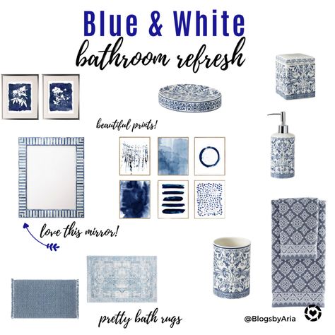 Blue and white bathroom decorating Light Blue Bathroom With Black Accents, Dark Blue Towels In Bathroom, Blue Marble Bathroom Decor, Greek Style Bathroom Blue And White, Blue And White Bathroom Towels, Blue White Bathroom Decor, Blue White Powder Room, Blue And White Guest Bathroom, Blue Guest Bathroom Ideas